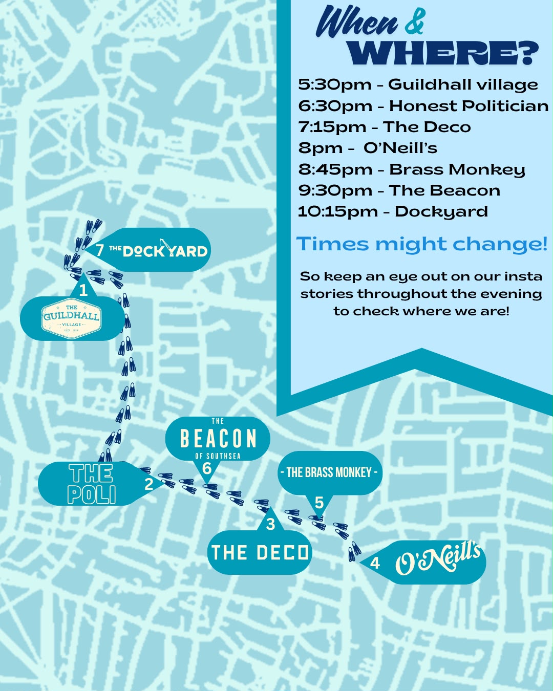 UPSAC start of year pub crawl route map. Seven stops in order: 5:30pm Guildhall Village, 6:30pm The Honest Politician, 7:15pm The Deco, 8pm O&rsquo;Neill&rsquo;s, 8:45pm Brass Monkey, 9:30pm The Beacon, 10:15pm The Dockyard. Times might change, so check the club&rsquo;s Instagram stories during the evening.